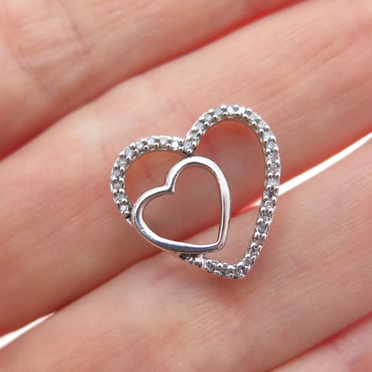 925 Sterling Silver Real Round-Cut Diamond Double Heart Mini Slide Pendant