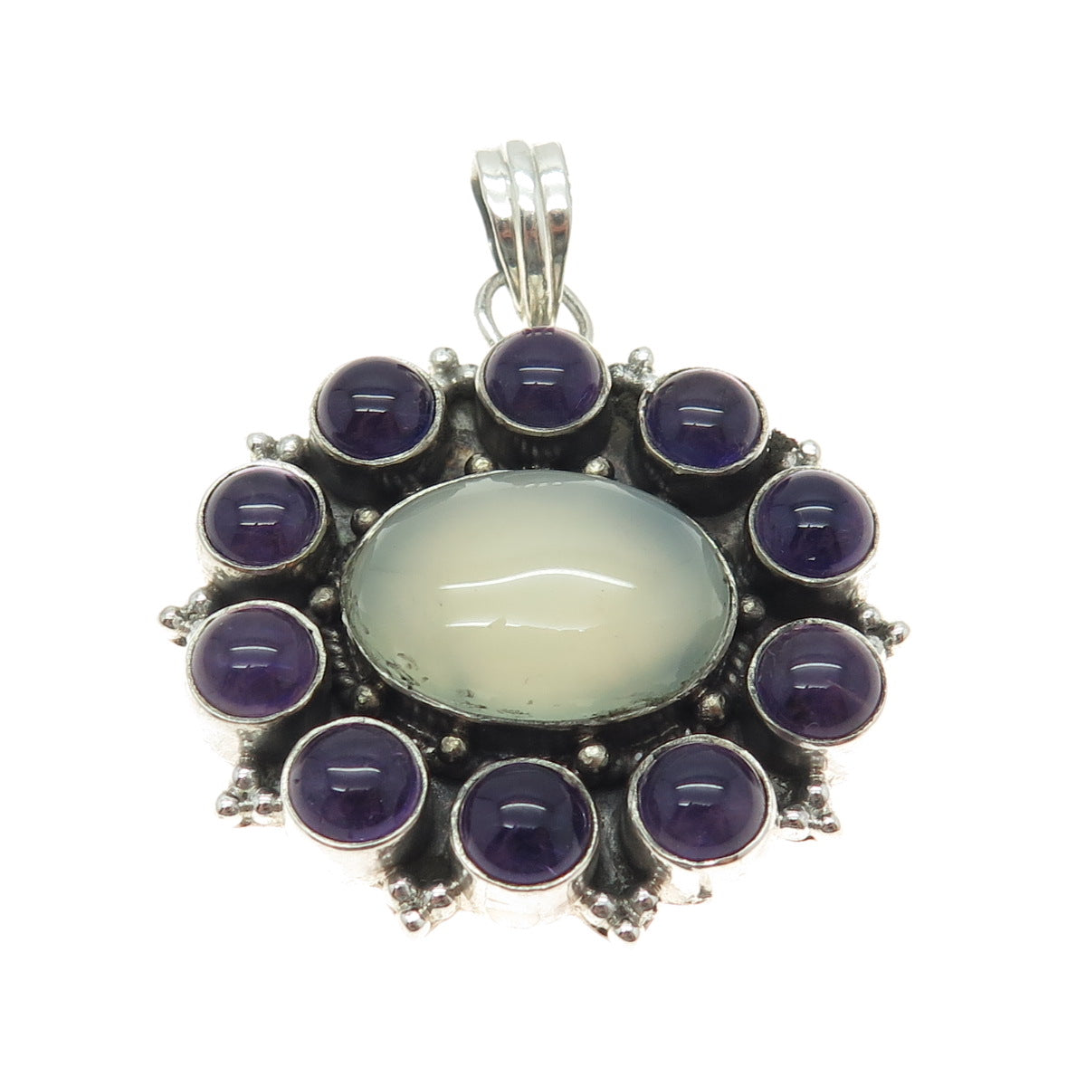 925 Sterling Silver Vintage Real Chalcedony & Amethyst Modernist Floral Pendant