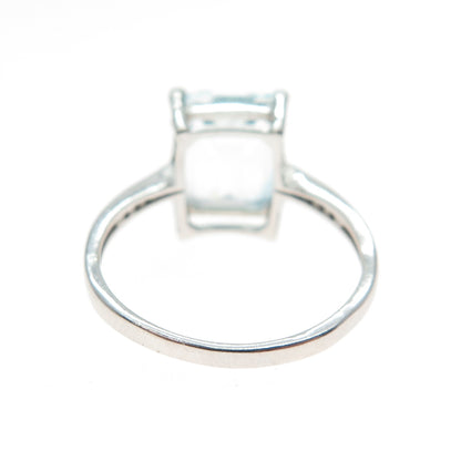 925 Sterling Silver Real Emerald-Cut Blue & Round-Cut White Topaz Ring Size 6.5