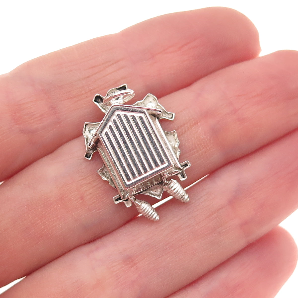 800 Silver Antique Art Deco Cuckoo Clock Oxidized 3D Charm Pendant