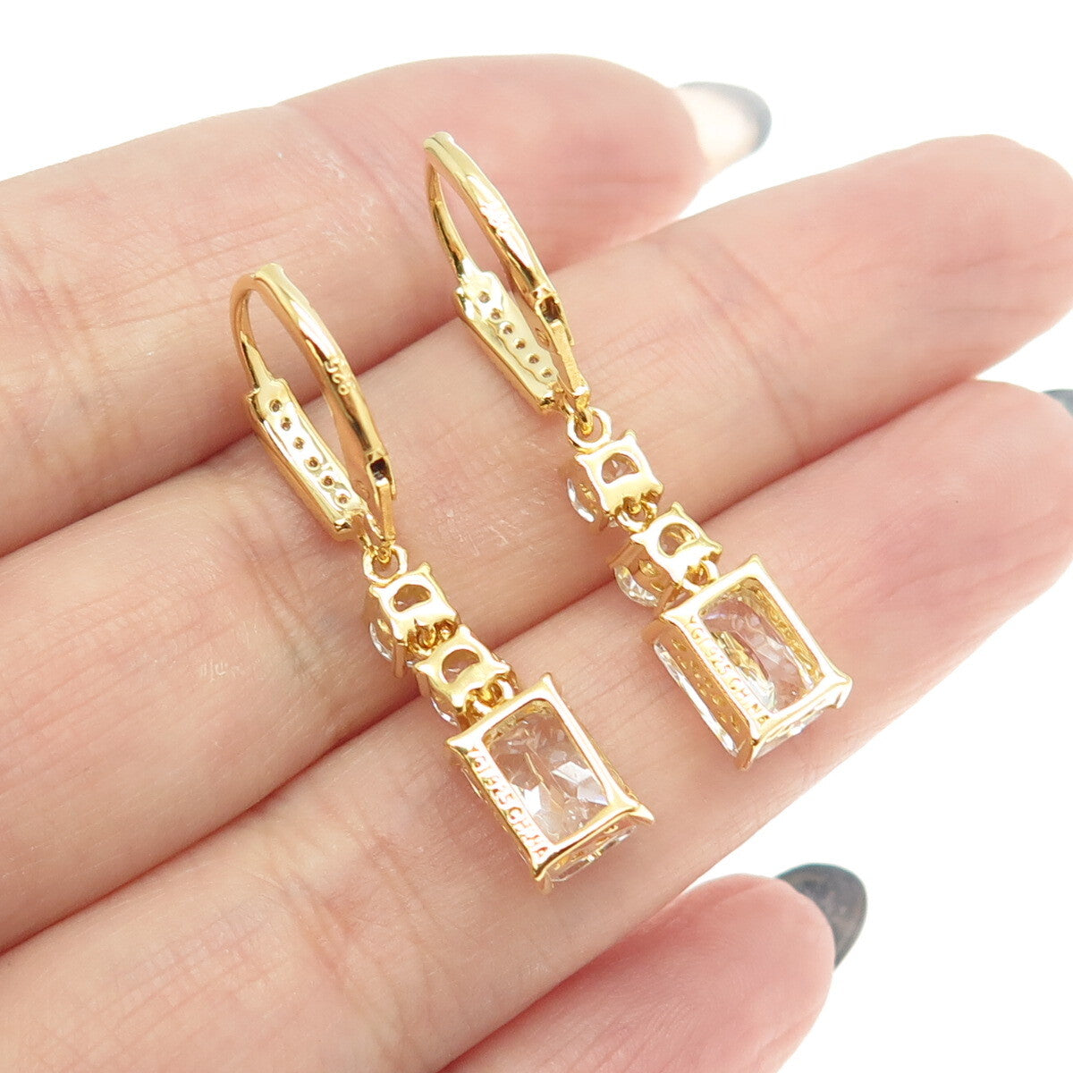 925 Sterling Silver Gold Plated Radiant & Round-Cut C Z Dangling Earrings