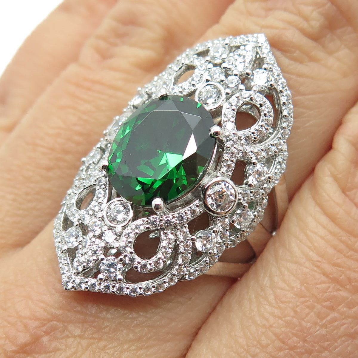 925 Sterling Silver Nano Emerald & Round-Cut C Z Ring Size 8