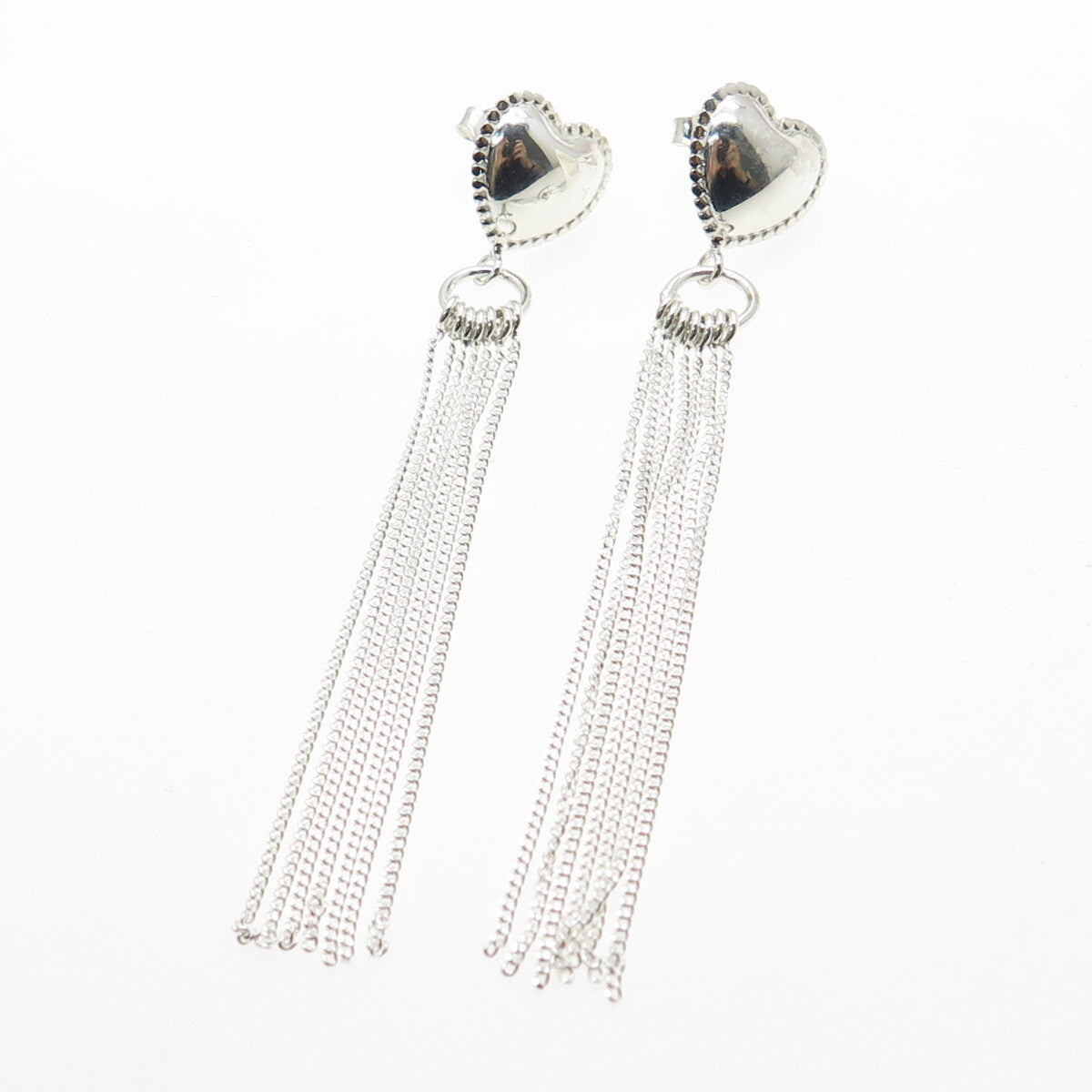 925 Sterling Silver Heart Tassel Chain Drop Earrings