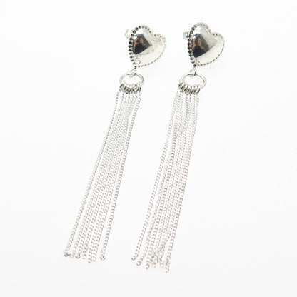 925 Sterling Silver Heart Tassel Chain Drop Earrings