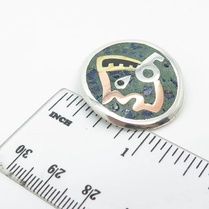 925 Sterling Silver 3-Tone Vintage Mexico Real Azurite Gem Tribal Man Pin Brooch