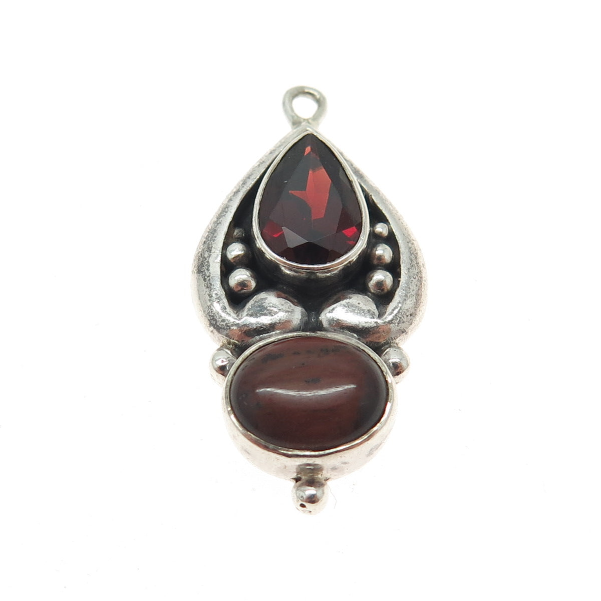 925 Sterling Silver Vintage Real Red Jasper & Red Garnet Gemstone Boho Pendant