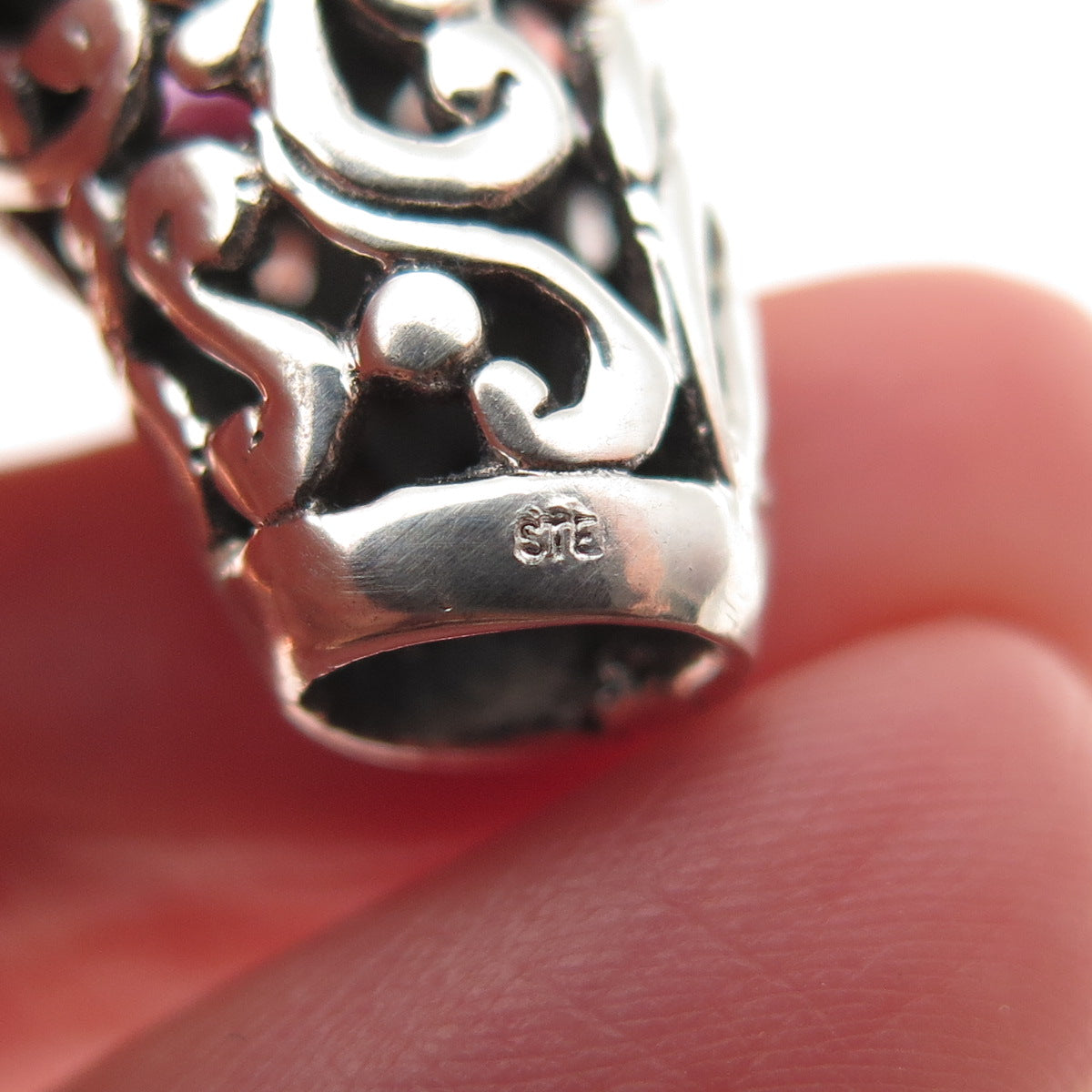 925 Sterling Silver Vintage Real Amethyst Floral Swirl Slide Pendant