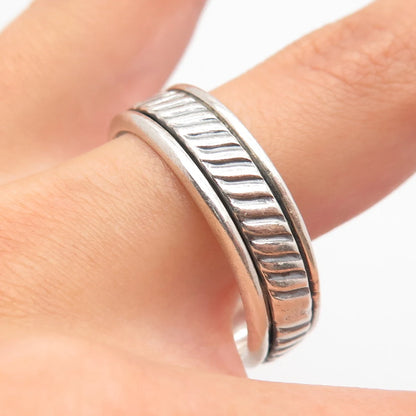 925 Sterling Silver Vintage Mexico Striped Rotating Band Ring Size 14.5