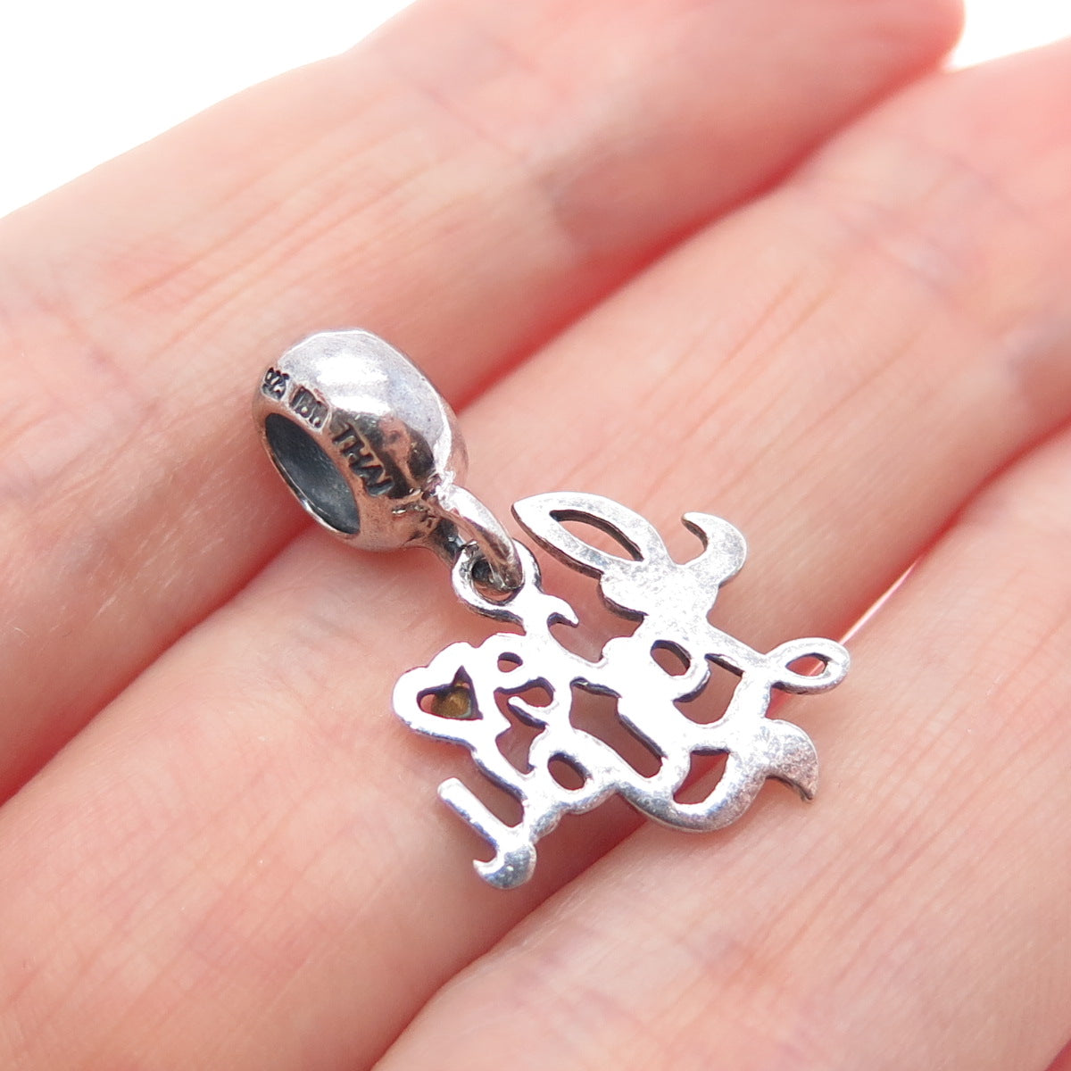 925 Sterling Silver Vintage Red Rhinestone Love You Minimalist Charm Pendant