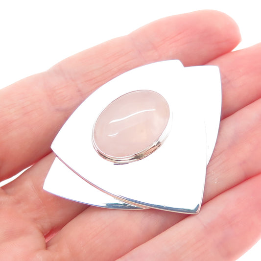 CORINA 925 Sterling Silver Vintage Real Rose Quartz Modernist Pin Brooch
