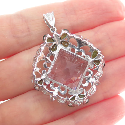925 Sterling Silver Real Amethyst Green Tourmaline & White Topaz Pendant