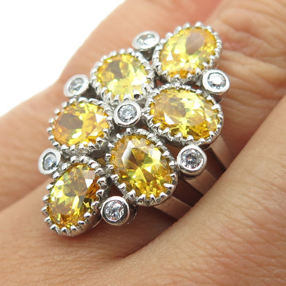 925 Sterling Silver Oval & Round-Cut Canary White C Z Cluster Ring Size 7