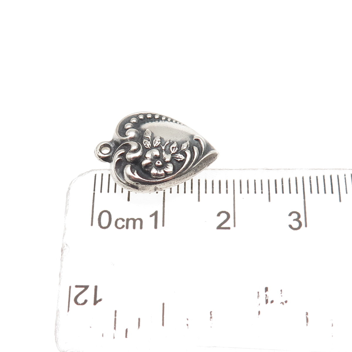 925 Sterling Antique Art Deco Engraved Chatelaine Heart Oxidized Mini Pendant