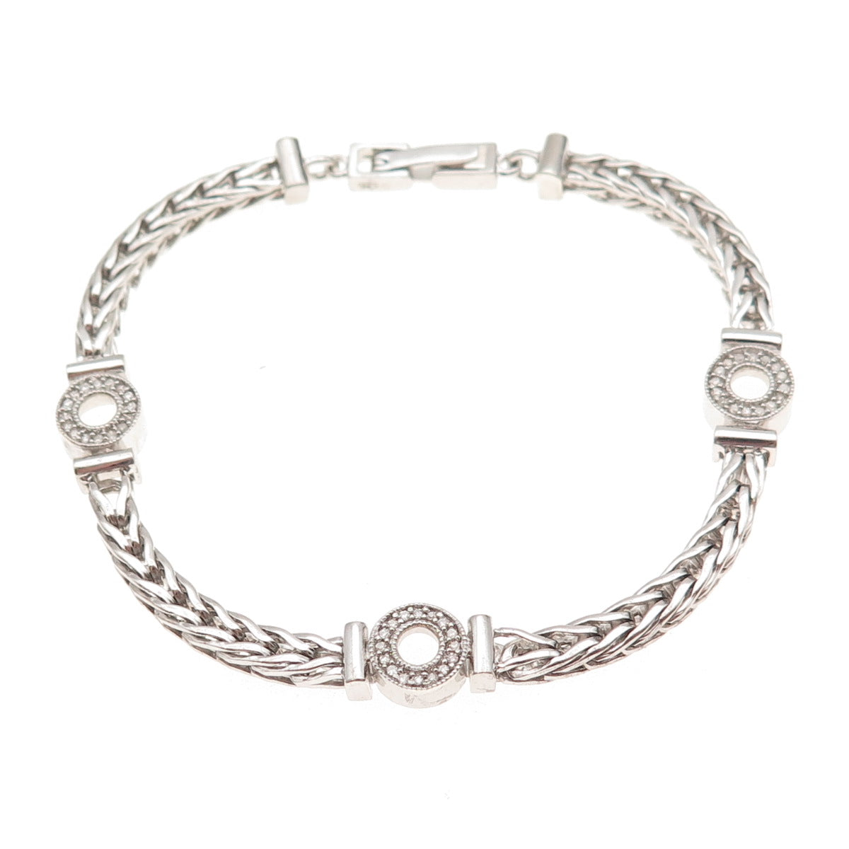 925 Sterling Silver Real Round-Cut Diamond Station Spiga Link Bracelet 7"