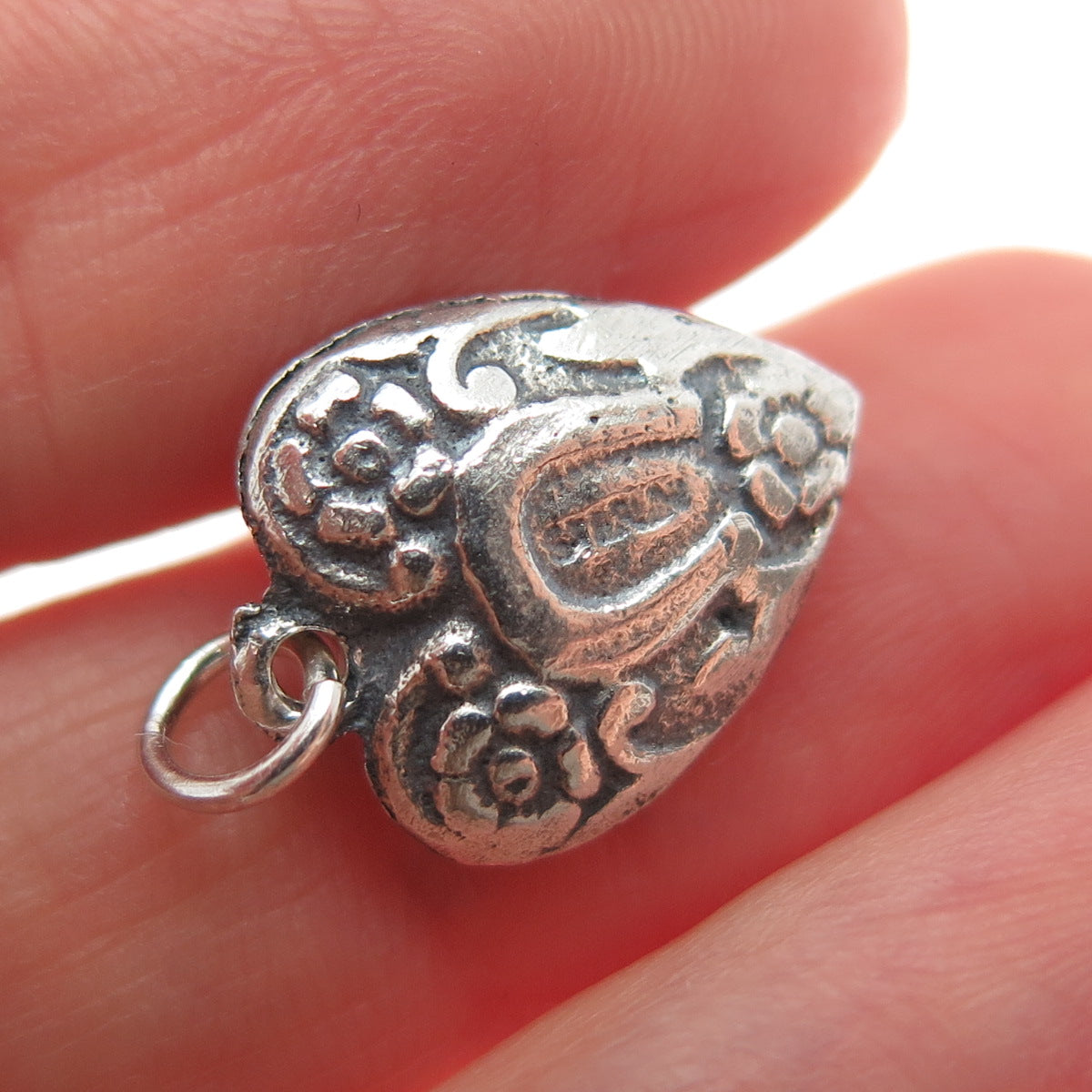 925 Sterling Silver Antique Floral Heart Oxidized Chatelaine Minimalist Pendant