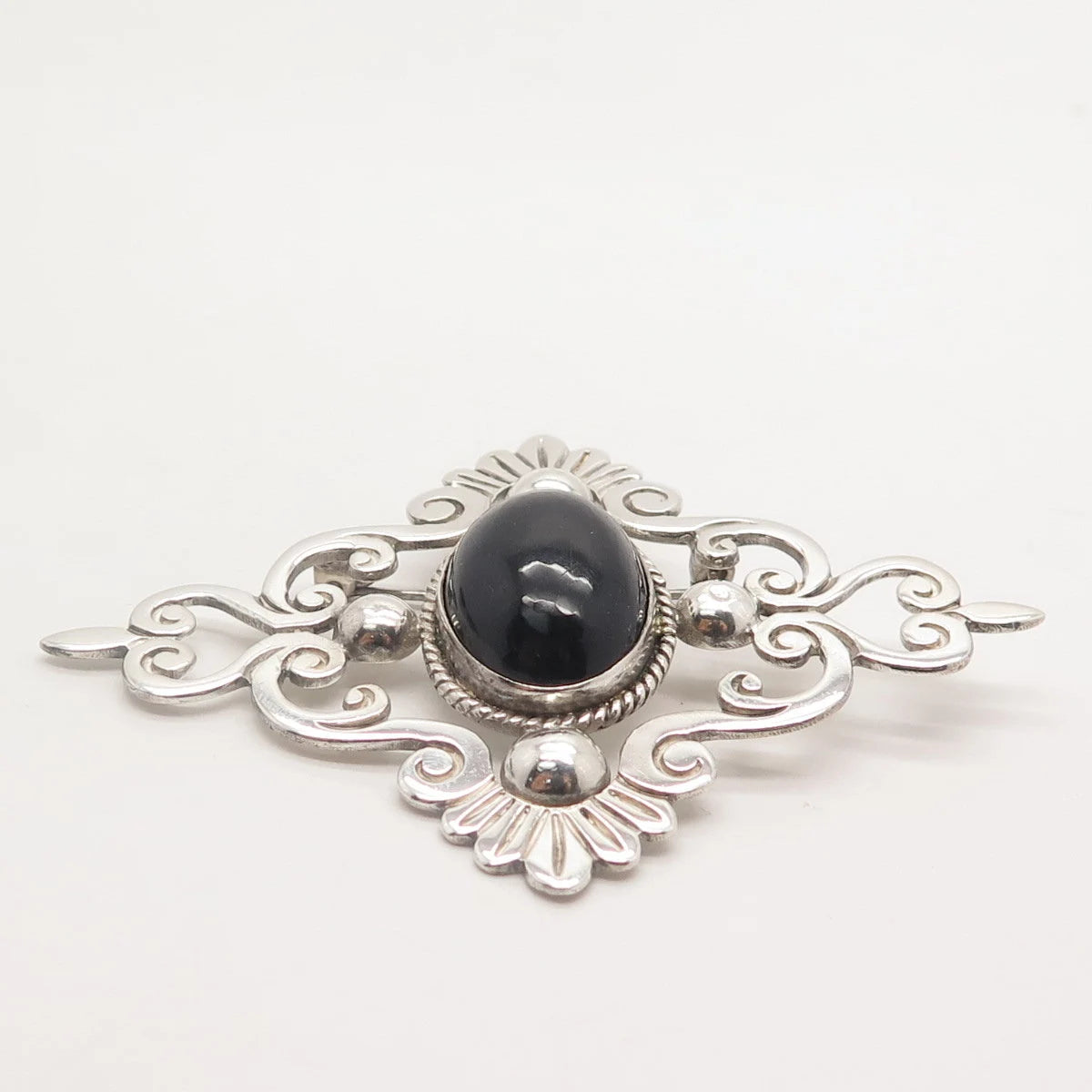 925 Sterling Silver Vintage Mexico Real Black Onyx Gemstone Ornate Pin Brooch