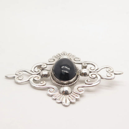 925 Sterling Silver Vintage Mexico Real Black Onyx Gemstone Ornate Pin Brooch