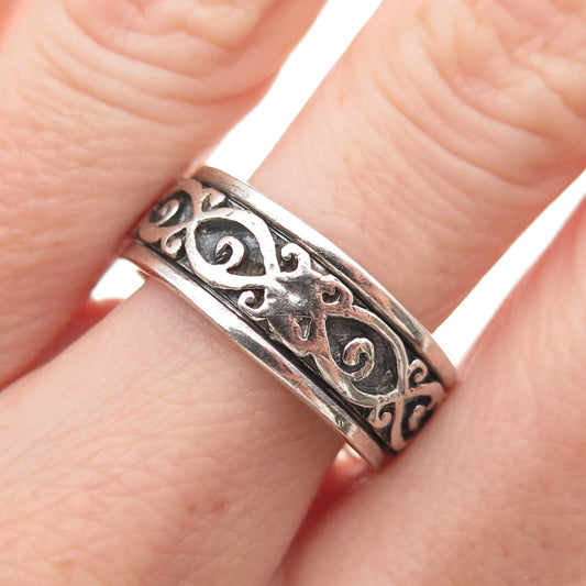 925 Sterling Silver Vintage Ornate Oxidized Rotating Band Ring Size 8.75