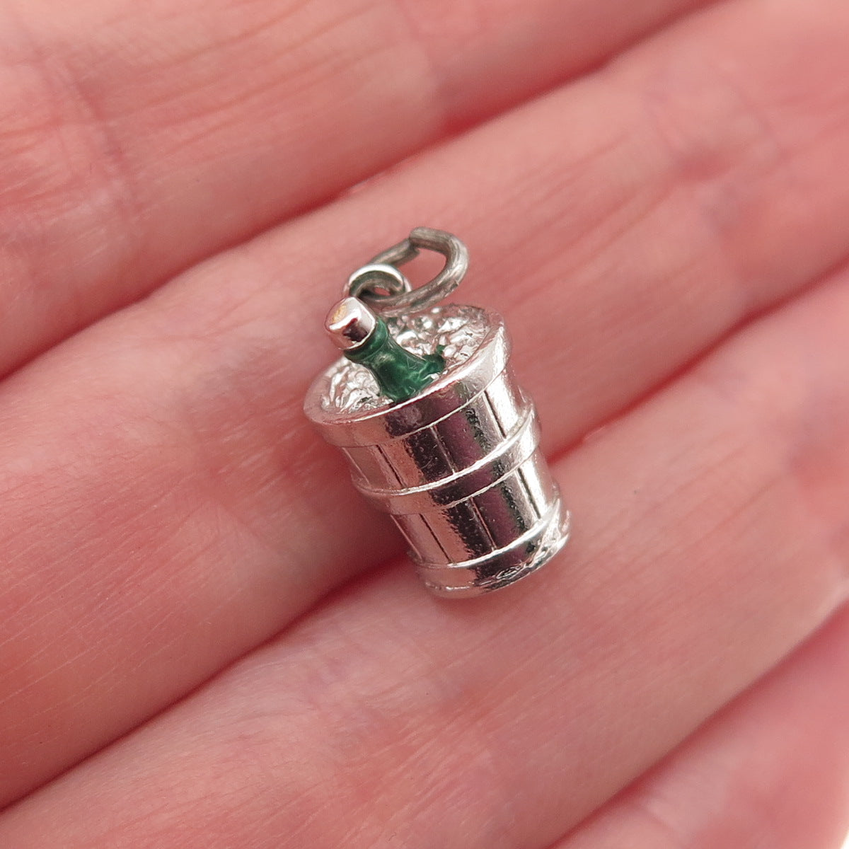 WELLS 925 Sterling Silver Vintage Enamel Champagne Bucket 3D Mini Charm Pendant