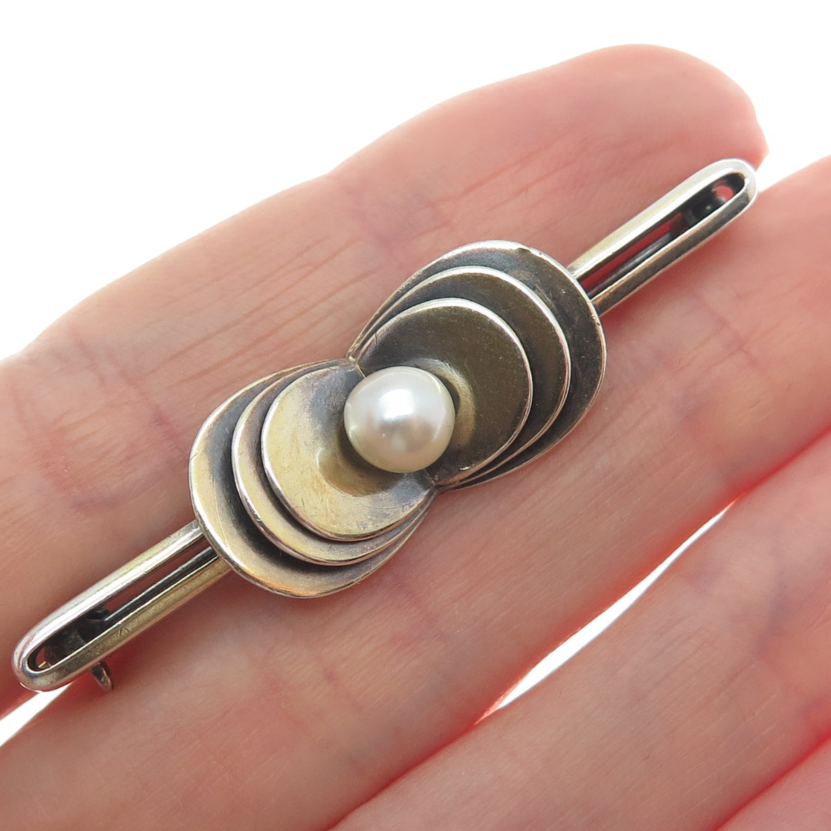 830 Silver Gold Filled Vintage Real Pearl Modernist Oxidized Pin Brooch