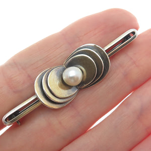 830 Silver Gold Filled Vintage Real Pearl Modernist Oxidized Pin Brooch