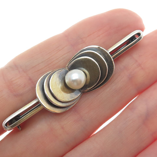 830 Silver Gold Filled Vintage Real Pearl Modernist Oxidized Pin Brooch