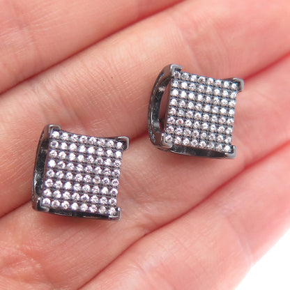925 Sterling Silver Black Rhodium Round-Cut C Z Arch Square Stud Earrings