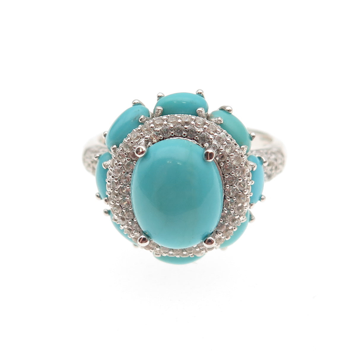 925 Sterling Silver Real Tyrone Turquoise & White Topaz Floral Ring Size 8.25