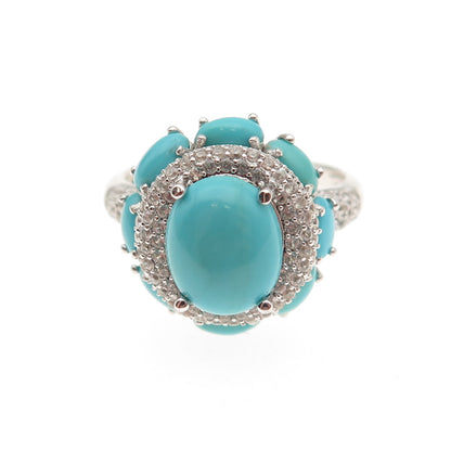925 Sterling Silver Real Tyrone Turquoise & White Topaz Floral Ring Size 8.25
