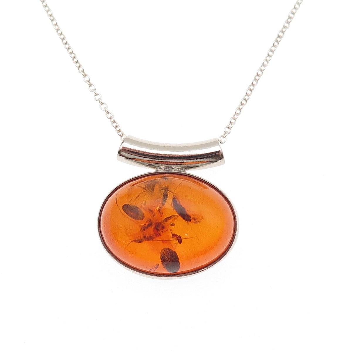 925 Sterling Silver Vintage Poland Real Amber Modernist Cable Chain Necklace 18"