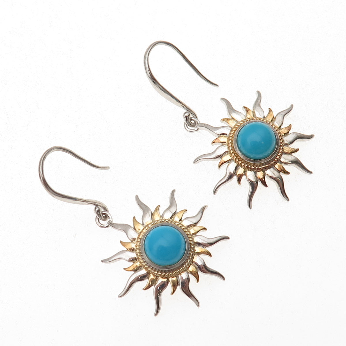 925 Sterling Silver 2-Tone Real Sleeping Beauty Turquoise Sun Dangle Earrings