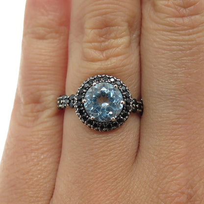 925 Sterling Silver Real Blue Topaz & Black Spinel Gemstone Ring Size 6