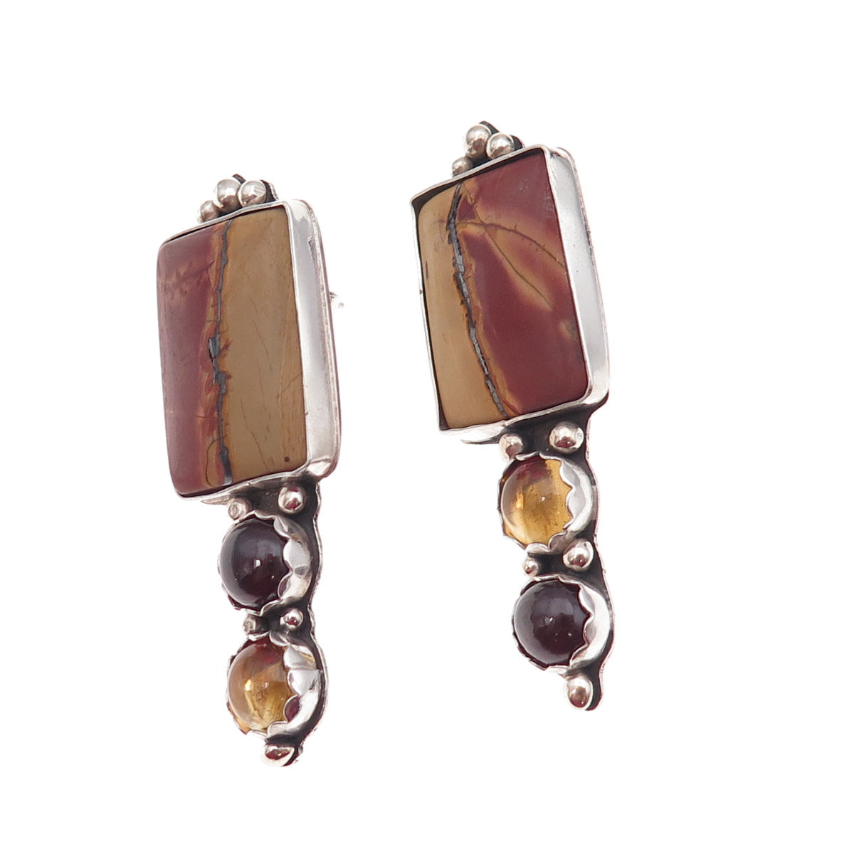 925 Sterling Silver Vintage Real Jasper Red Garnet & Citrine Modernist Earrings