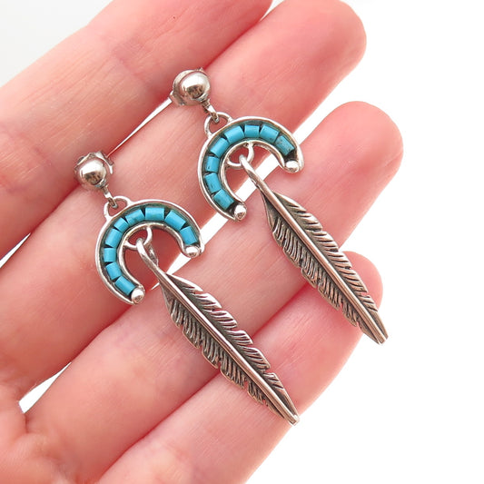 Old Pawn 925 Sterling Silver Vintage Turquoise Feather Tribal Dangle Earrings
