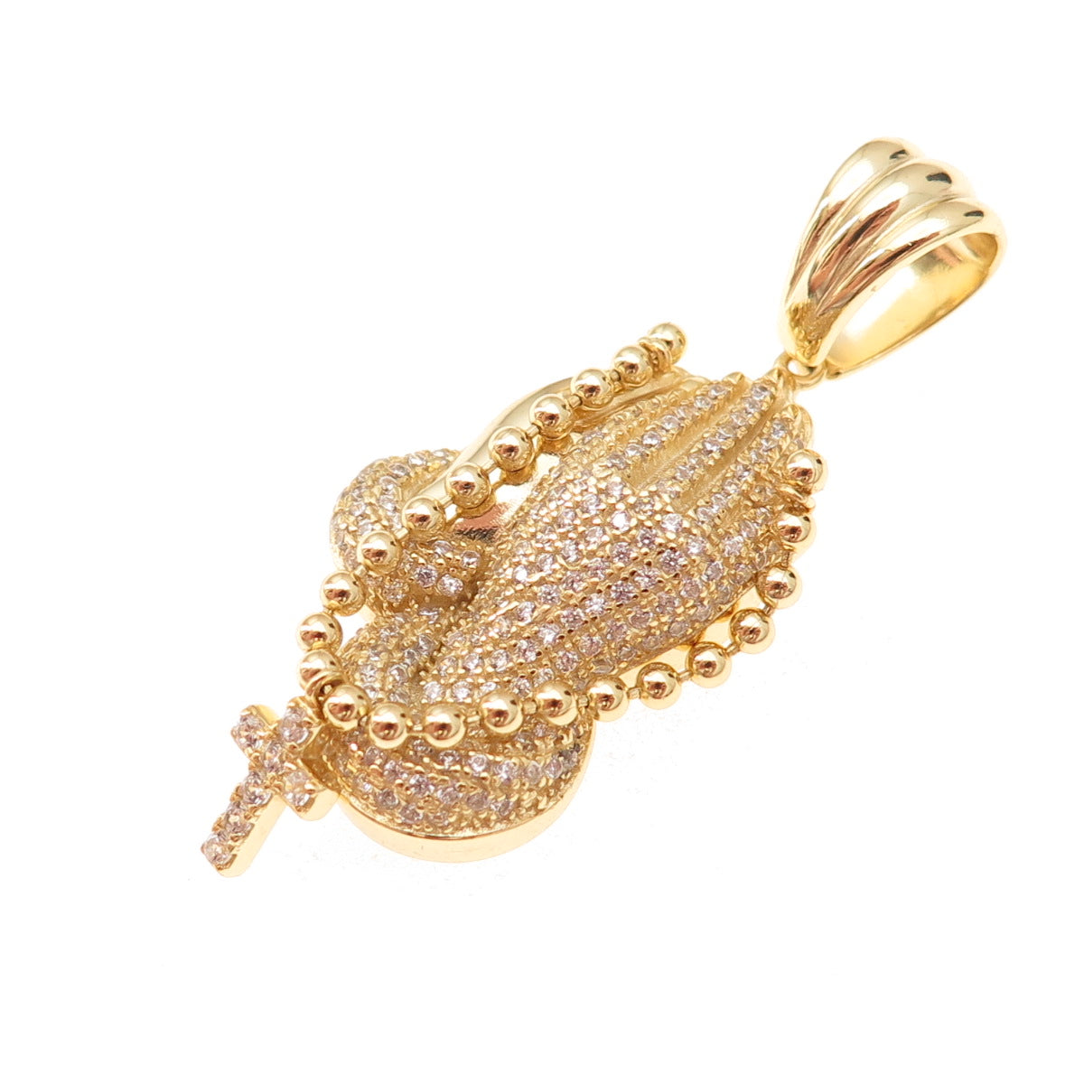 925 Sterling Silver Gold Plated Round-Cut C Z Prayer Hands Rosary Chain Pendant