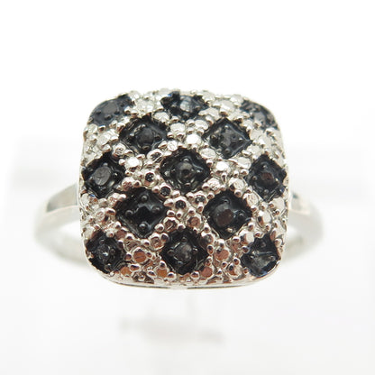 925 Sterling Silver Real Round-Cut Black Diamond Lattice Pattern Ring Size 9