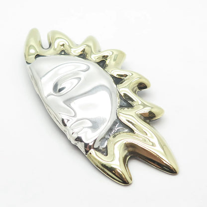 925 Sterling Silver 2-Tone Vintage Mexico Half Face Sun Pin Brooch
