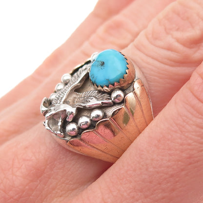 Old Pawn Sterling Silver 2-Tone Vintage Turquoise Eagle Tribal Ring Size 9.25