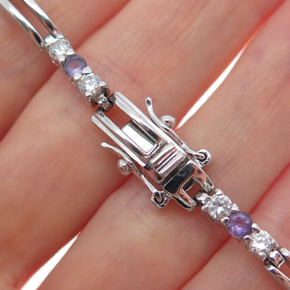 925 Sterling Silver Real Amethyst & C Z Station Tennis Link Bracelet 7.25"