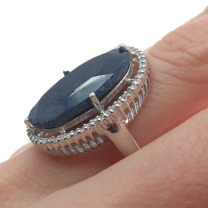 925 Sterling Silver Real Round-Cut Diamond & Oval-Cut Sapphire Ring Size 6.75