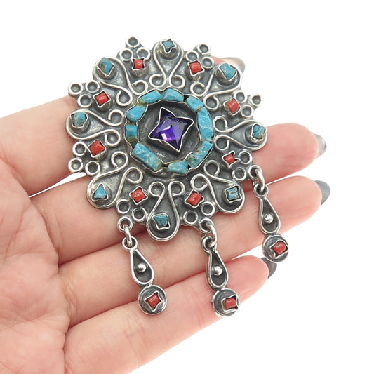 925 Sterling Silver Vintage Mexico Turquoise Amethyst Coral Pin Brooch / Pendant