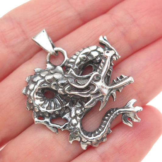 925 Sterling Silver Vintage Royal Dragon Oxidized Charm Pendant