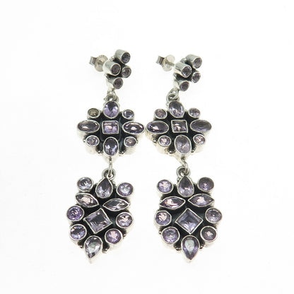 925 Sterling Silver Vintage Real Multi-Cut Amethyst Floral Dangling Earrings