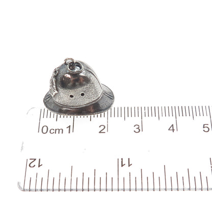 925 Sterling Silver Vintage Fireman Helmet Oxidized Minimalist 3D Charm Pendant