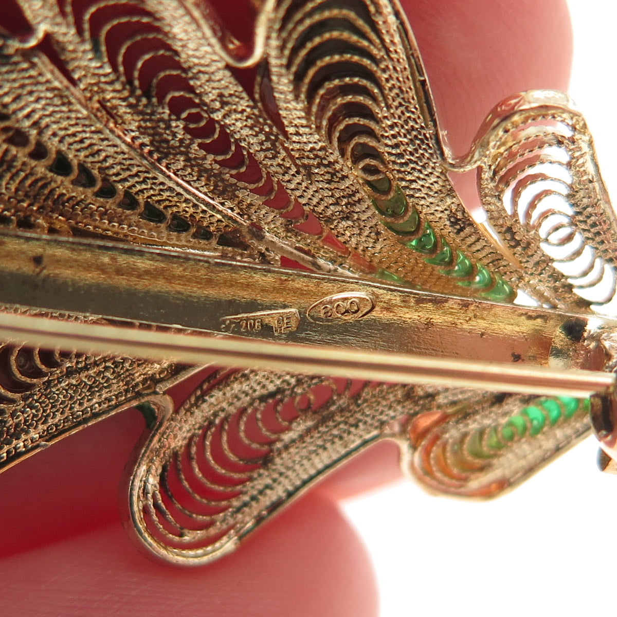 800 Silver Gold Plated Vintage Italy Enamel Floral Filigree Pin Brooch