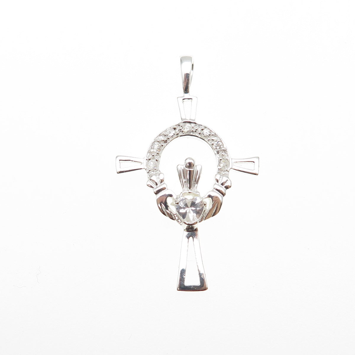 925 Sterling Silver Heart & Round-Cut C Z Irish Claddagh Cross Charm Pendant