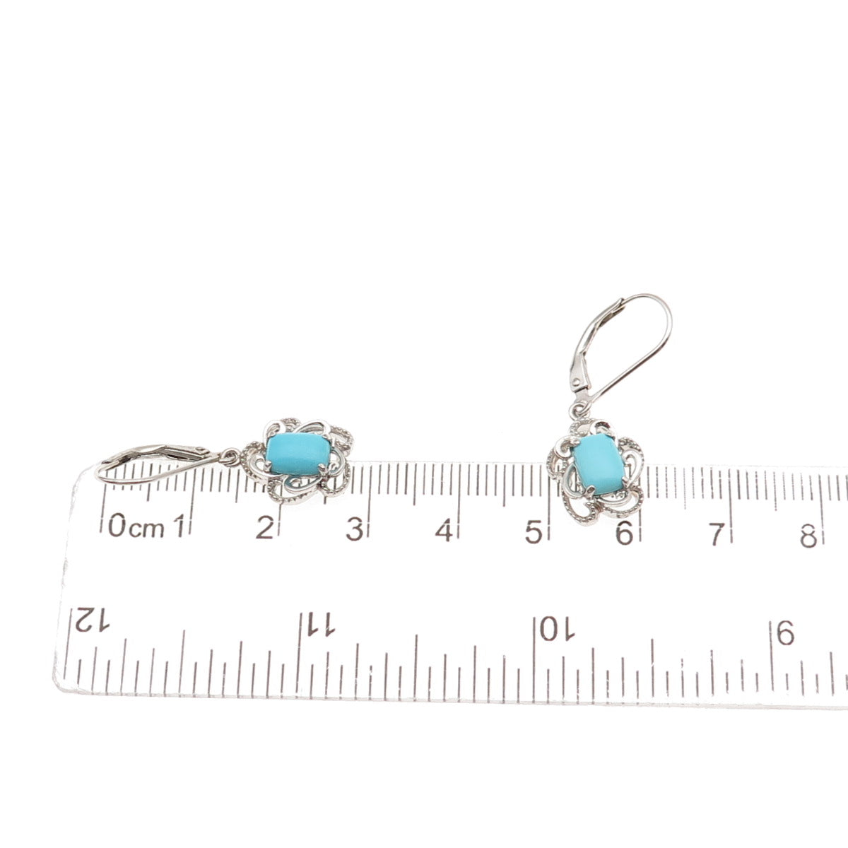 925 Sterling Silver Real Sleeping Beauty Turquoise Floral Dangle Earrings