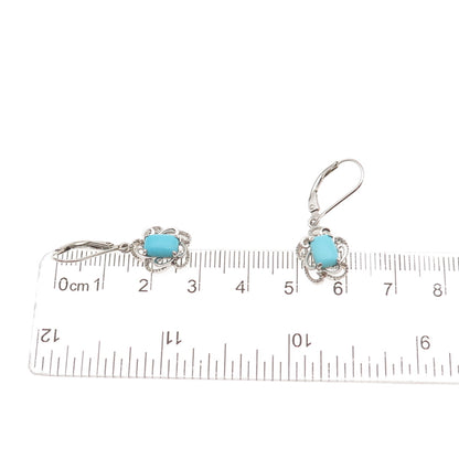 925 Sterling Silver Real Sleeping Beauty Turquoise Floral Dangle Earrings