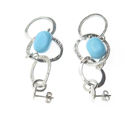 925 Sterling Silver Vintage Real Turquoise Modernist Drop Circle Dangle Earrings