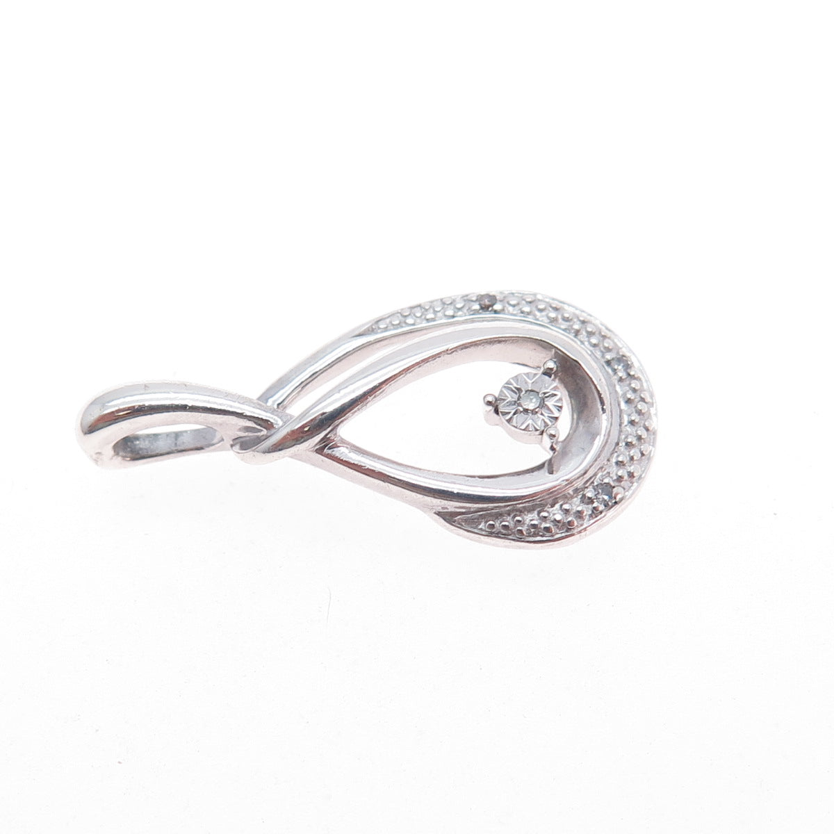 925 Sterling Silver Real Round-Cut Diamond Teardrop Charm Pendant